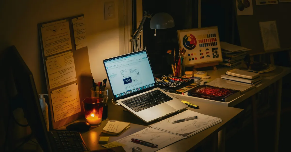 Een bureau met een opengeklapte laptop, boeken, aantekeningen en een brandende kaars